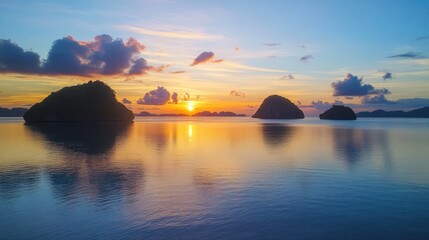 Serene seascape capturing island silhouettes as the sun dips below the horizon creating vivid
