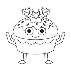 Adorable Kawaii Christmas Pudding Character Line Art cake festive