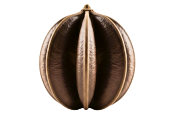 Grooved round brown tropical seed pod with a metallic sheen isolated on a transparent background