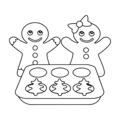 Gingerbread Man and Woman Standing by a Muffin Tin with Christmas Tree Cookies gingerbread woman baking