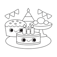 Birthday cake with candles, cupcake, fruit bowl and party hat with bunting on white background Keywords: birthday, cake, cupcake, candles, fruit, bowl, party, hat, bunting, celebration, food
