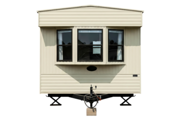 Front view of a beige colored static caravan mobile home isolated on a transparent background