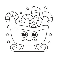 Black and white illustration of a sleigh filled with Christmas candy canes and a stocking sled winter