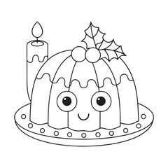 Adorable cartoon jelly mold with a lit candle and holly leaves in line art christmas