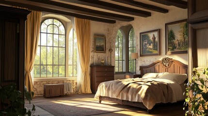 Serene villa bedroom filled with natural light and old-world charm evokes a sense of peaceful escape