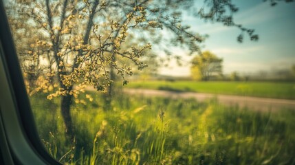 Serene countryside view from a window, capturing the peaceful essence of springtime flourishing