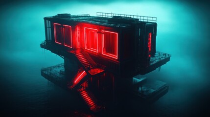 Cyberpunk research facility offshore platform with red neon light in deep waters