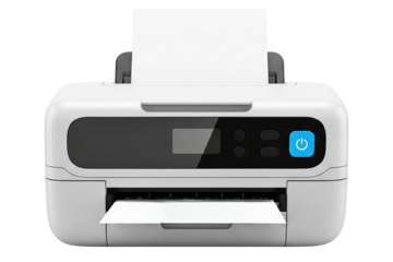 Modern white office multifunction printer with paper loaded isolated on a transparent background