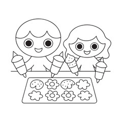 Two cartoon children decorating cookies with icing bags Keywords: children, kids, decorating, cookies, baking, icing, piping bags, cartoon, happy, smiling, cute, fun, activity, holiday, Christmas
