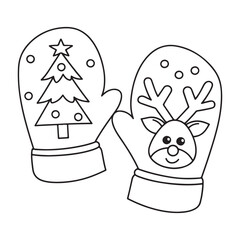 Pair of cartoon Christmas mittens with festive designs Keywords: mittens, gloves, Christmas, holiday, winter, festive, cute, cartoon, designs, reindeer, Christmas tree, star, ornaments, snow