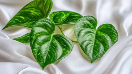 Lush foliage portrait: Close-up of vibrant green epipremnum leaves on silk backdrop