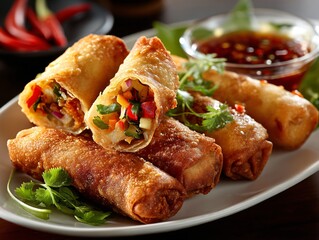 Delicious Crispy Vegetable Spring Rolls with Dipping Sauce Asian Cuisine