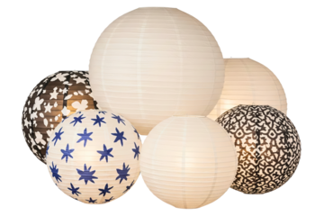 Group of decorative hanging paper lanterns with various patterns isolated on a transparent background