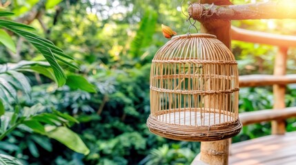 Vintage bamboo birdcage swaying gently on a nature sanctuary veranda evokes tranquility