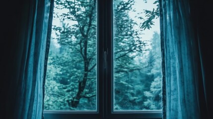 Introspective view winter landscape from window in cold bluish tones indoors home