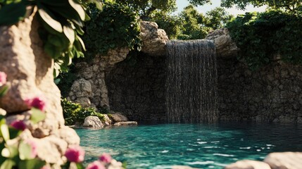 Serene waterfall cascading into a pristine pool surrounded by lush greenery and flowers