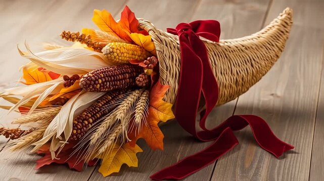 Horn of plenty filled with fall foliage, corn, and wheat on a wooden surface
