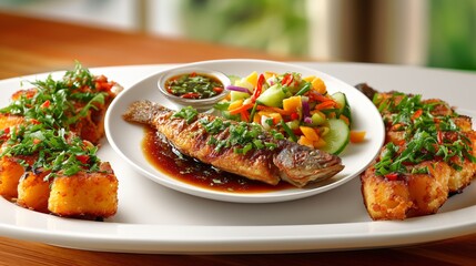 Delicious Pan Fried Fish with Polenta Asian Style Vegetable Salad and Savory Sauce