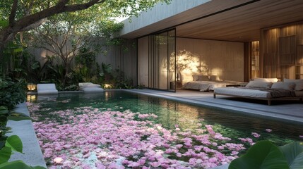 Serene bedroom retreat merging nature with interior design near a tranquil pool decorated with