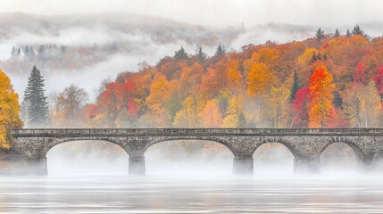Ethereal autumn landscape featuring a stone bridge shrouded in morning mist on the river