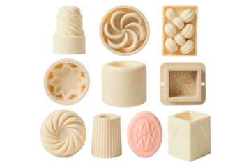 Collection of off white silicone baking and craft molds isolated on a transparent background