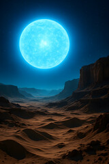 Obraz premium Celestial Glow over Barren Terrain: A captivating celestial body casts an ethereal blue light over a rugged, desolate landscape, creating a sense of mystery and otherworldly beauty. 