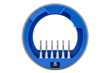 Blue circular holder containing a set of precision tool bits isolated on a transparent background