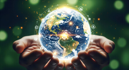 Hands cradle glowing Earth with digital network overlay symbolizing global connection and sustainability
