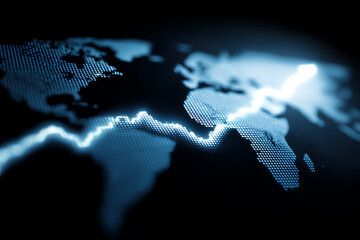 Digital world map with glowing data points and a bright zigzag line symbolizing global financial trends and connectivity in a futuristic technological style