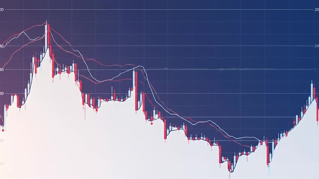 Stock chart of prices rising and falling against a dark blue grid in vertical format
