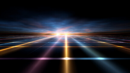 Futuristic grid with glowing neon lines in blue, purple, and yellow hues stretches toward a bright horizon under a moody, cloudy sky