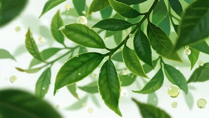 Obraz premium Green tea leaves growing fresh organic natural herbal plant close up healthy agriculture background nutrition concept