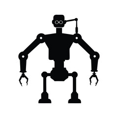 Silhouette of a retro robot standing with claw hands and unique glasses, surgical robot silhouette vector illustration