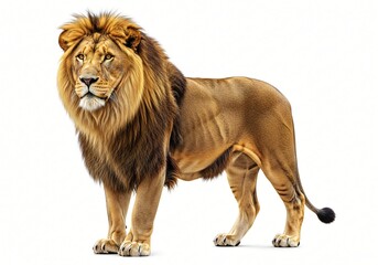 Fototapeta premium Majestic Male African Lion Standing Powerful Wild Cat Wildlife Photography Isolated White Background