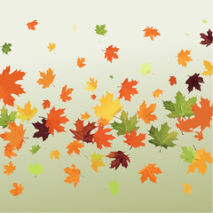 Falling autumn maple leaves vector illustration, warm color palette, flat design, against a light green background.