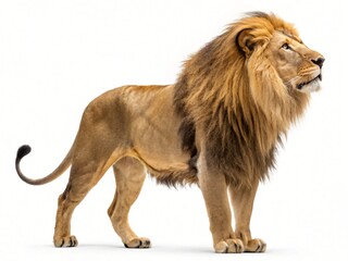 Obraz premium Majestic Male African Lion Standing Profile Isolated on White Background