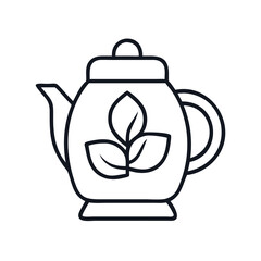 Simple line art illustration of a teapot with green leaves decoration, tea pot icon vector illustration