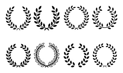 Collection of Black Laurel Wreaths on White Background