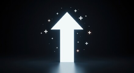 Illuminated White Arrow Pointing Up with Plus Signs on Dark Background