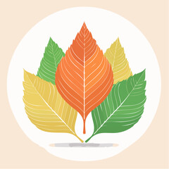 Obraz premium Flat lay illustration of three autumn leaves in orange, yellow, and green against a white circular background, conveying a warm and serene mood.