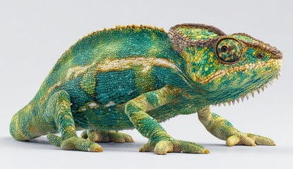 Obraz premium Pixelated Chameleon Portrait Vibrant Green and Blue Reptile on Light Gray Background