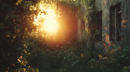 Obraz premium Sunlight shining through the overgrown ruins of an abandoned building at sunset