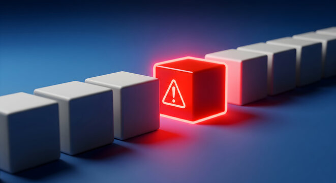 Red alert warning cube stands out among white cubes signifying critical issue or urgent notification