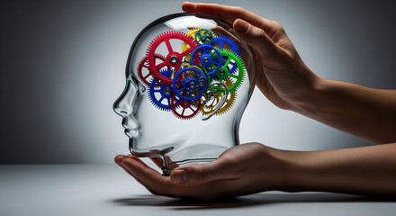 Hands cradle clear head with colorful gears turning, symbolizing innovation and complex thought processes
