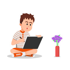 A boy sits on the floor drawing a flower placed in front of him