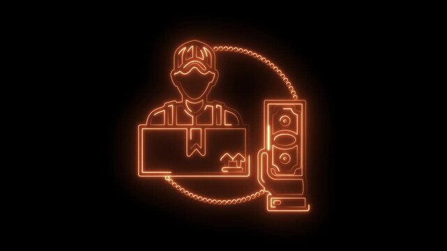 Neon courier delivering package accepting cash payment glowing outline black background animation