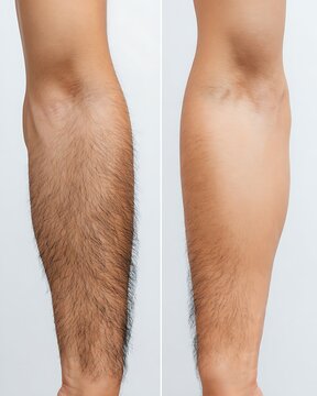before and after comparison of asian male forearm, left with visible hair, right smooth and hairless after waxing, professional grooming style
