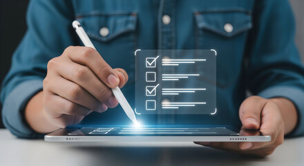 Person using stylus to check off tasks on a digital checklist interface, modern business productivity