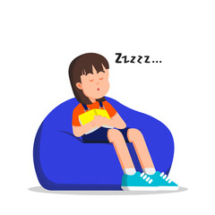 A little girl sleeps peacefully on a beanbag, hugging a book close to her chest