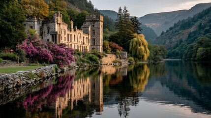 Ruined castle reflecting in a tranquil lake, surrounded by lush greenery and vibrant flowers
